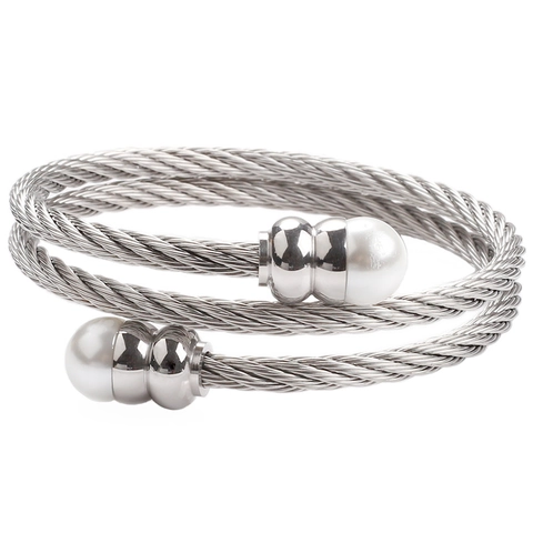 Bracciale Rigido A Cavo Ritorto A Strati Spirale Acciaio Inossidabile Finta Perla Artificial Pietra Occhio Di Gatto Gioielli Regolabili Eleganti