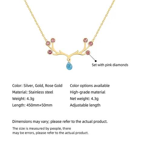 Collana Con Pendente Corna Di Alce Acciaio Inossidabile Strass Rosa Cristallo Goccia Dacqua Blu Gioielli Eleganti Da Donna