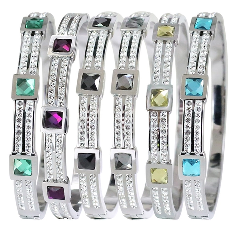 Luxury Stainless Steel Bangle For Women With Square Zirconia Double Row Rhinestones Open Buckle Hinge Fashion Jewelry Bracelet