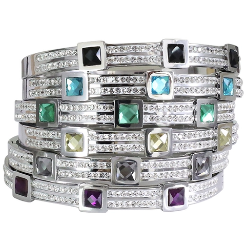 Luxury Stainless Steel Bangle For Women With Square Zirconia Double Row Rhinestones Open Buckle Hinge Fashion Jewelry Bracelet