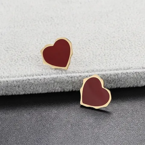 Mode Unregelmäßige Rote Herz Ohrstecker Edelstahl 18K Vergoldet Emaille Süßer Schmuck Für Damen