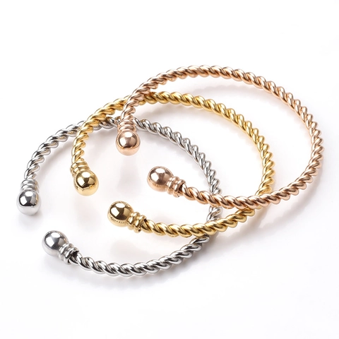 Bracciali Rigidi Aperti Corda Intrecciata Acciaio Inossidabile Placcato Oro 18K Gioielli Minimalisti Per Donne