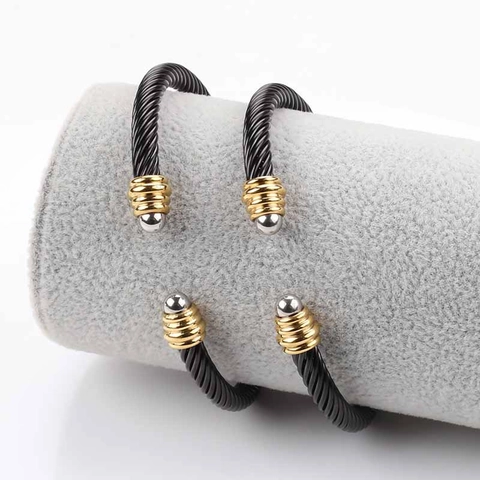 Gedraaide Kabel Armring Roestvrij Staal Zwarte Draad Zwart Goud Zilver Tinten Verstelbare Open Armband Voor Dames