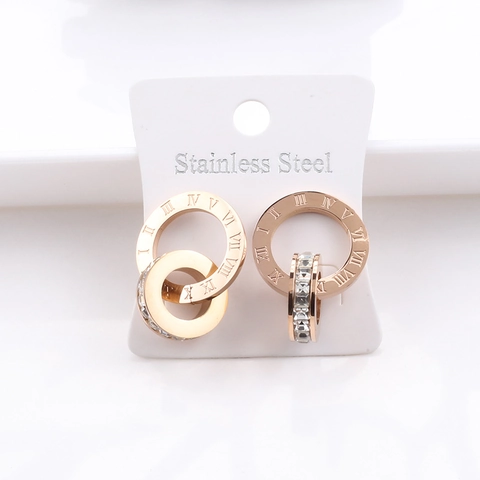 Stainless Steel Stud Earrings Rose Gold Roman Numerals Interlocking Rings Zircon Inlaid Elegant Fashion Jewelry Women