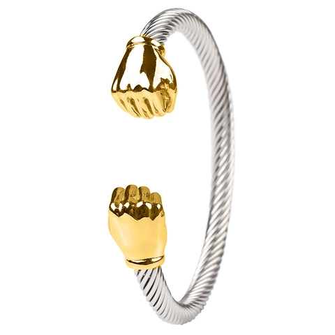 Twisted Cable Bangle Stainless Steel Open Cuff Bracelet With Fist Terminals Personalized Punk Hip Hop Style Jewelry