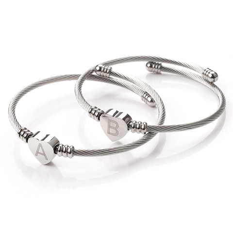 Heart Initial Cuff Bracelet Stainless Steel Cable Wire Adjustable Minimalist Fashion Jewelry Gift For Women Girls