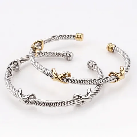 Edelstahl Gedrehtes Kabel Manschette Armband Damen Unendlichkeit X Kreuz Verstellbar Offener Handschmuck Elegant
