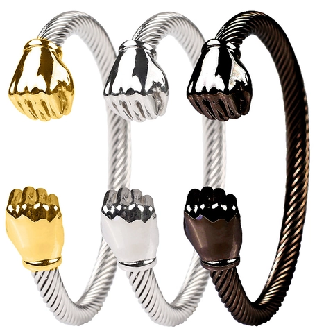 Twisted Cable Bangle Stainless Steel Open Cuff Bracelet With Fist Terminals Personalized Punk Hip Hop Style Jewelry