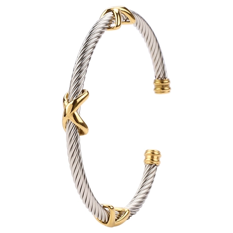 Edelstahl Gedrehtes Kabel Manschette Armband Damen Unendlichkeit X Kreuz Verstellbar Offener Handschmuck Elegant