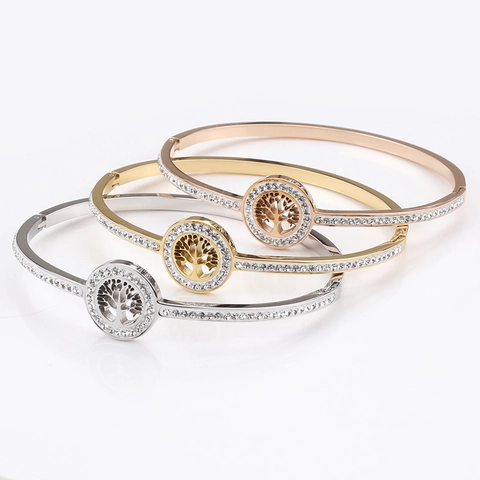 Bracelet Jonc en Acier Inoxydable avec Strass Arbre de Vie pour Femmes Or Rose Argenté Bijoux de Mode Élégants