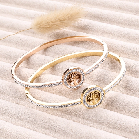 Bracelet Jonc en Acier Inoxydable avec Strass Arbre de Vie pour Femmes Or Rose Argenté Bijoux de Mode Élégants