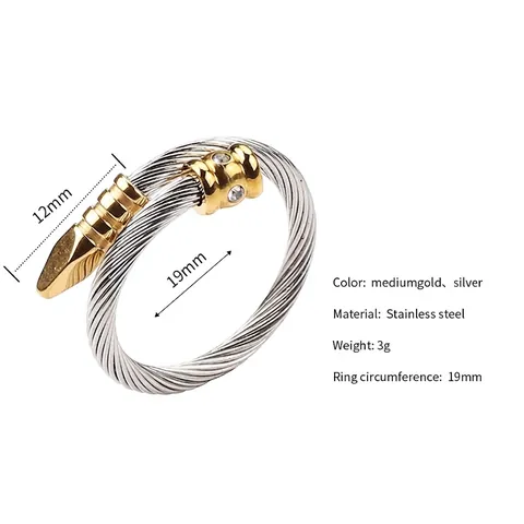 Twisted Cable Open Ring Stainless Steel Nail Design Inlaid Zircon Two-Tone Minimalist Jewelry Gift For Women
