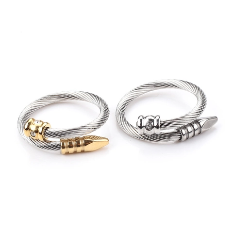 Twisted Cable Open Ring Stainless Steel Nail Design Inlaid Zircon Two-Tone Minimalist Jewelry Gift For Women