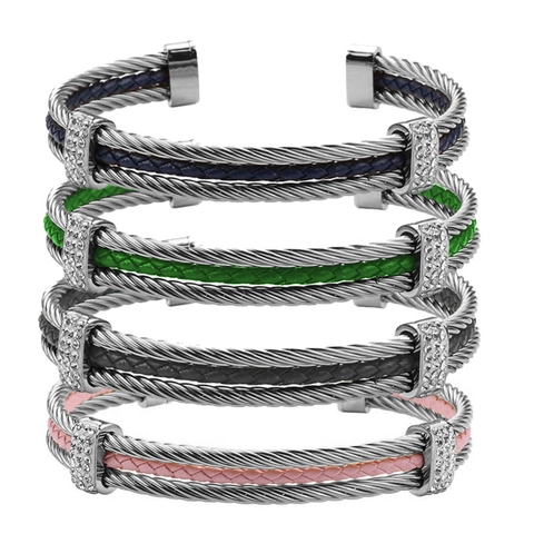 Twisted Cable Cuff Bracelet Stainless Steel Braided Leather Rhinestone Open Bangle Fashion Trendy Jewelry For Women