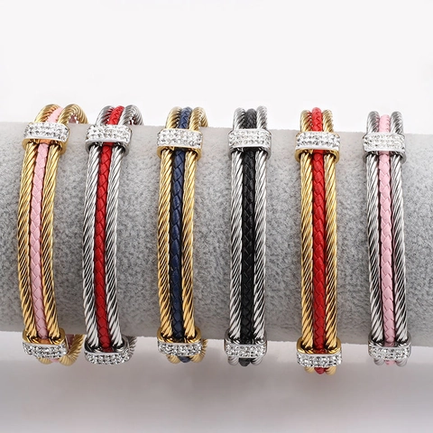 Twisted Cable Cuff Bracelet Stainless Steel Braided Leather Rhinestone Open Bangle Fashion Trendy Jewelry For Women