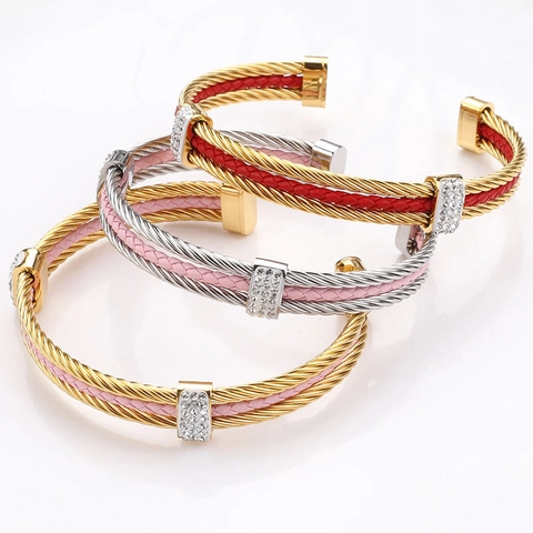 Bracelet Jonc Ouvert en Acier Inoxydable Style Occidental Câble Entrelacé Cuir Accent Strass Mode Manchette pour Femmes Bijoux