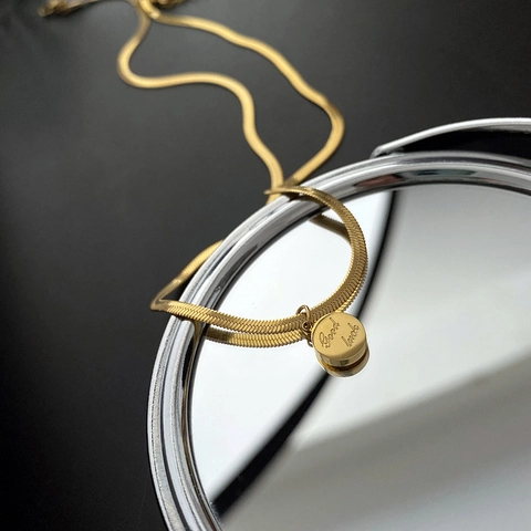 Good Luck Engraved Coin Pendant Necklace Gold Plated Stainless Steel Snake Chain Minimalist Jewelry For Women