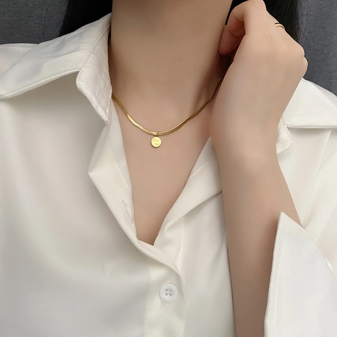 Good Luck Engraved Coin Pendant Necklace Gold Plated Stainless Steel Snake Chain Minimalist Jewelry For Women