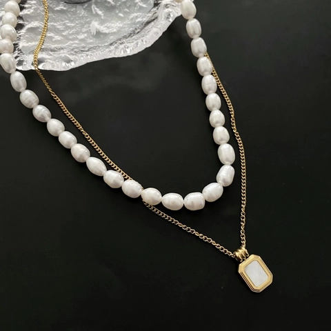 Gelaagde Halskette Titanstahl Natur Süßwasserperle Perlmutt Rechteckiger Anhänger Elegant Retro Für Damen