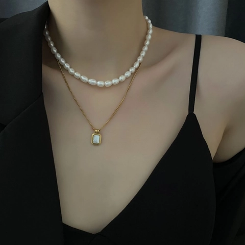 Gelaagde Halskette Titanstahl Natur Süßwasserperle Perlmutt Rechteckiger Anhänger Elegant Retro Für Damen
