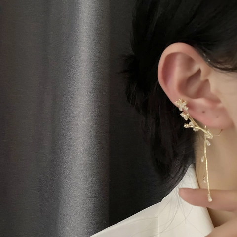 Blumen Quaste Ohrklemme Kupfer Zirkon Vergoldet Ohne Ohrloch Crawler Rebe Lange Kette Wickel Ohrringe Für Damen Elegant