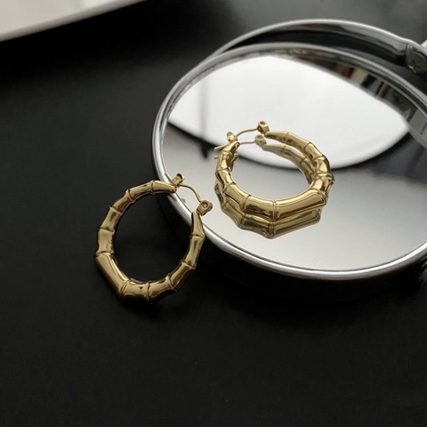 Stainless Steel Bamboo Hoop Earrings Gold Plated Geometric Minimalist Vintage Elegant Fashion Jewelry For Women