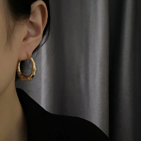 Stainless Steel Bamboo Hoop Earrings Gold Plated Geometric Minimalist Vintage Elegant Fashion Jewelry For Women