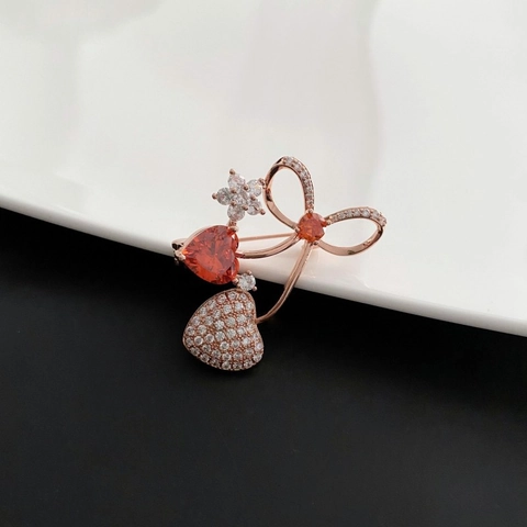 Elegant Copper Heart Cherry Brooch For Women Rose Gold Red Zircon Rhinestone Bow Knot Corsage For Suit Coat Accessories