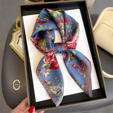 Women Square Scarf Satin Satin Floral Rose Print Retro Decorative Neck Head Handbag Scarf Accessories