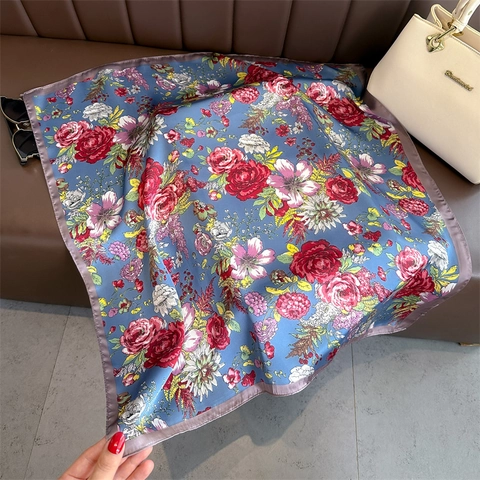 Women Square Scarf Satin Satin Floral Rose Print Retro Decorative Neck Head Handbag Scarf Accessories