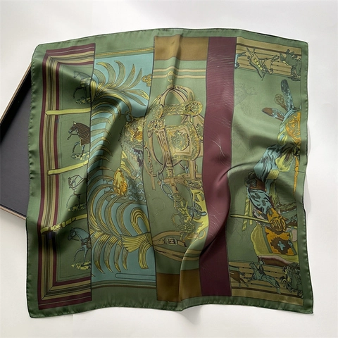 Women Vintage Green Square Scarf Imitation Satin Satin Equestrian Horse Print Neckerchief Headscarf Hair Band Accessory