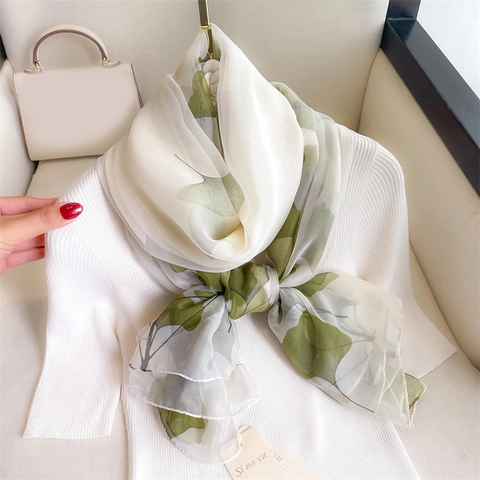 Elegant Ginkgo Leaf Print Scarf Lightweight Polyester Gauze Shawl Soft Translucent Fashion Wrap For Women Commuting