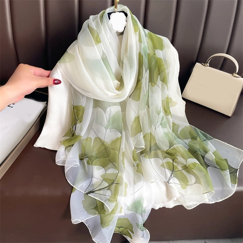 Elegant Ginkgo Leaf Print Scarf Lightweight Polyester Gauze Shawl Soft Translucent Fashion Wrap For Women Commuting