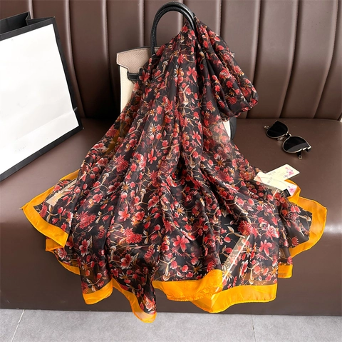 Large Floral Print Chiffon Scarf Shawl Lightweight Sun Protection Wrap For Women Versatile Elegant Summer Fashion Accessory