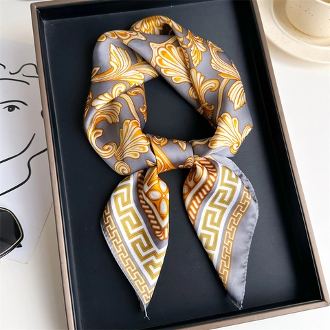 Vierkante Sjaal Satijnachtig Satijn Barokprint Griekse Sleutelrand Elegante Haarb bandana Nekdoek Mode Dames