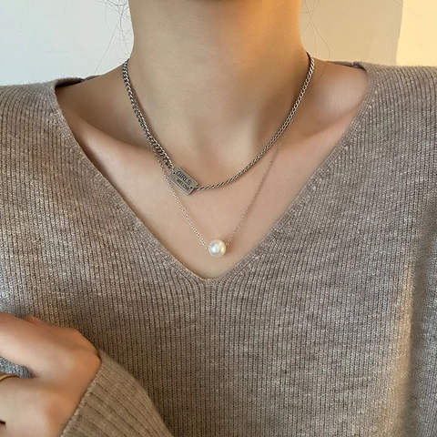 Layered Necklace Titanium Steel Double Chain With Artificial Pearl Pendant Engraved Square Tag For Women Non-Fading Cool Style