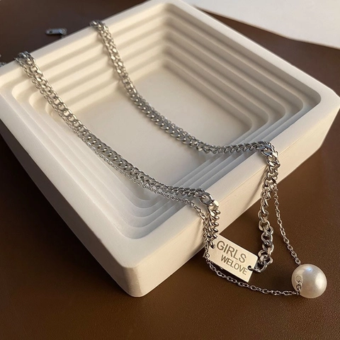 Layered Necklace Titanium Steel Double Chain With Artificial Pearl Pendant Engraved Square Tag For Women Non-Fading Cool Style