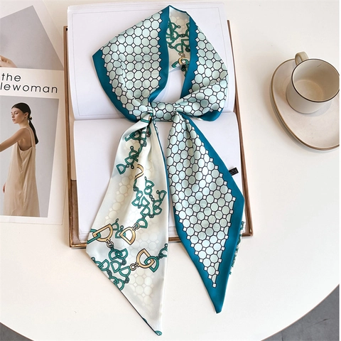 Narrow Printed Twilly Scarf For Women Double Layer Polyester Faux Satin Geometric Chain Equestrian Hair Tie Elegant Necktie