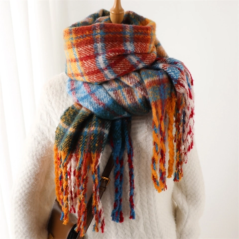 Regenboog Geruite Sjaal Dik Warm Kasjmier-Achtig Met Franjes Vintage Kleurrijk Winter Wrap Dames