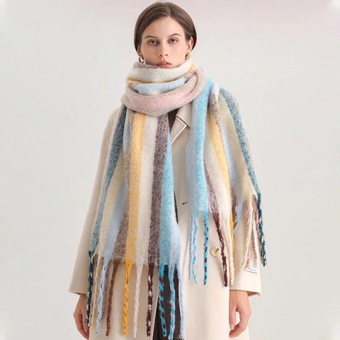 Women Thick Warm Rainbow Striped Polyester Cashmere-like Scarf With Tassels Soft Color Block Winter Scarf Shawl Wrap