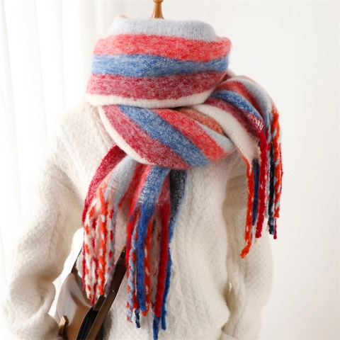 Women Thick Warm Rainbow Striped Polyester Cashmere-like Scarf With Tassels Soft Color Block Winter Scarf Shawl Wrap