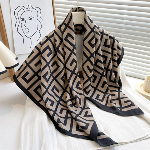 Elegant Women Square Scarf Polyester Satin Twill Large Geometric Pattern Vintage Shawl Headscarf Fashion Accessories