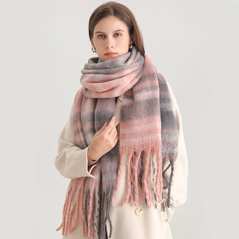 Écharpe D'Hiver Épaisse Motif À Carreaux Chaud Imitation Cachemire Châle Grande Frange Style Coréen Accessoire Rétro