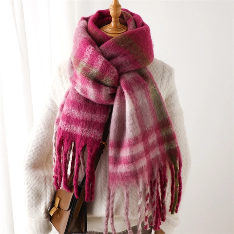 Écharpe D'Hiver Épaisse Motif À Carreaux Chaud Imitation Cachemire Châle Grande Frange Style Coréen Accessoire Rétro