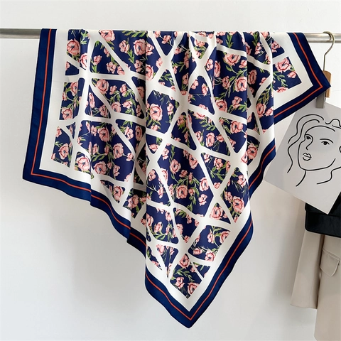 Floral Print Square Scarf Satin Feel Polyester Twill Geometric Pattern Elegant Shawl Headscarf For Women