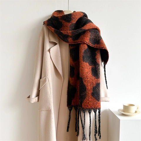 Winter Schal Leopard Muster Polyester Kaschmir-Imitat Dick Warm Lang Fransen Retro