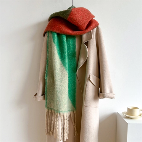 Sciarpa Invernale Da Donna Blocchi Di Colore Geometrici Imitazione Cashmere Spessa Calda Lunga Nappa Scialle Moda