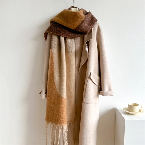 Sciarpa Donna Blocchi Di Colore Inverno Poliestere Ispessito Scialle Caldo Patchwork Geometrico Frange Lunghe