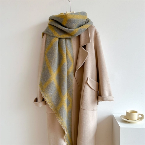 Winter Plaid Scarf Thick Warm Knit Oversized Shawl Wrap Loop Yarn Tassel Lattice Pattern Soft Fashion Accessories