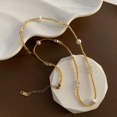 Collana Di Perline Retro Francese Acciaio Titanio Placcato Oro 18K Perla Artificial Imitazione Perla Artificial Cristallo Gioielli Donne